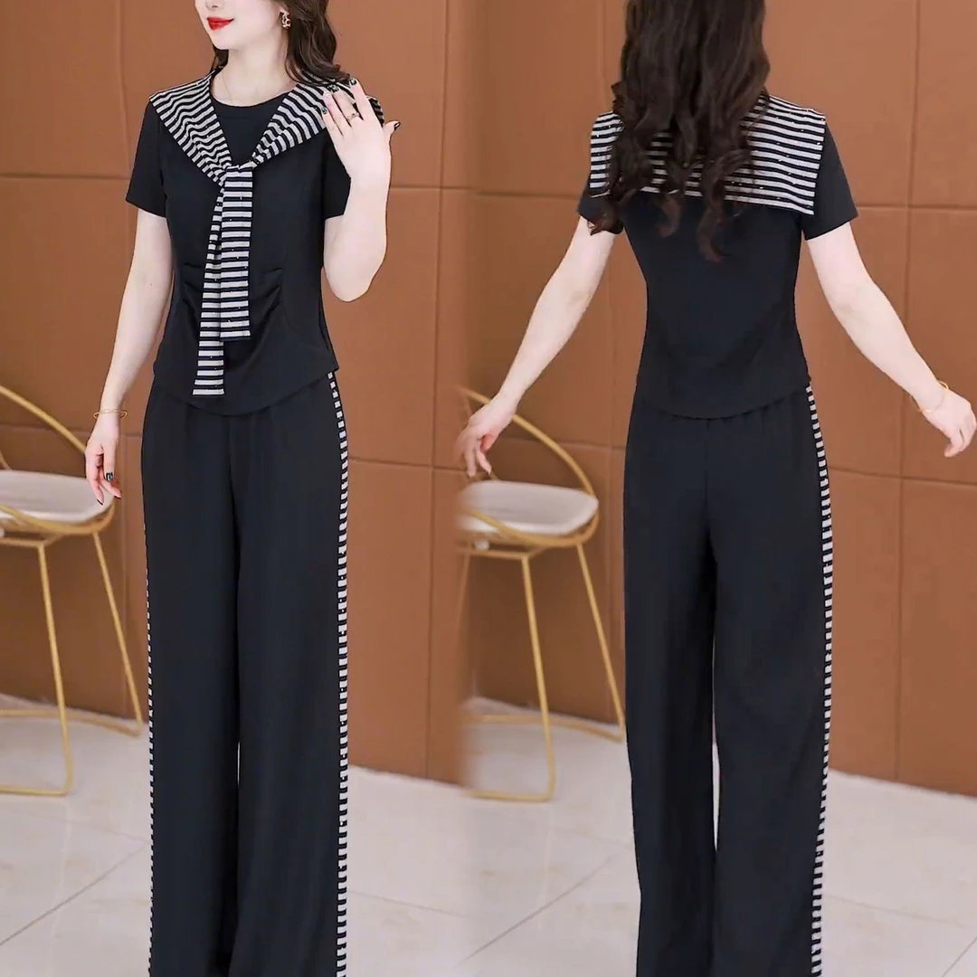 2025夏季新款洋气显瘦设计感短袖上衣+披肩+阔腿裤休闲三件套装女