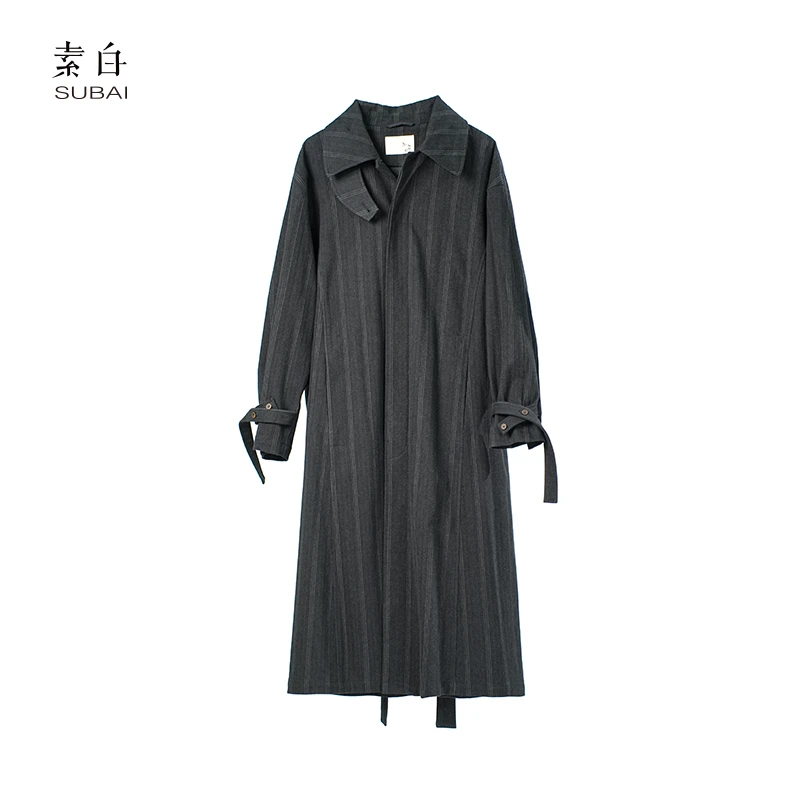 素白【山海】经典条纹长风衣外套Y01073秋季宽松高级感系带修身风衣
