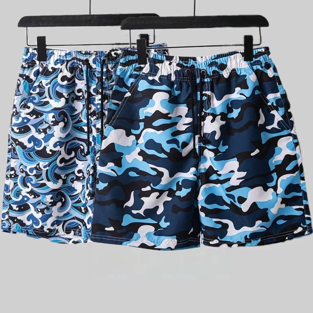 D764薄款速干沙滩裤男士度假风轻薄透气居家舒适松紧腰迷彩短裤