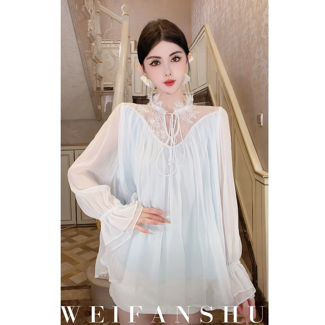 WEIFANSHU/魏凡舒【蓝心语调】早春新款法式宽松显瘦气薄款网纱上衣