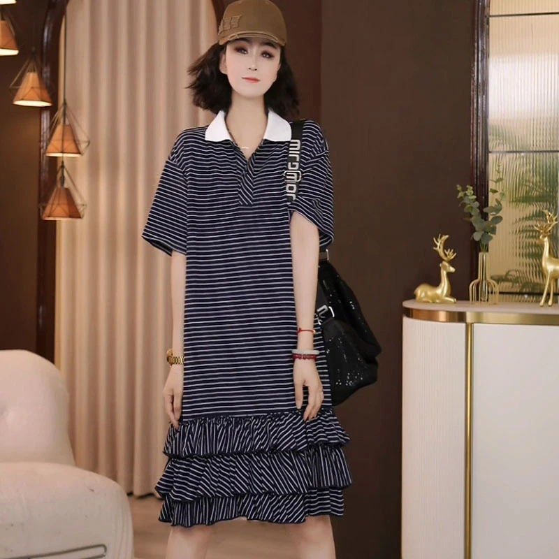 9027夏季新款韩版2025宽松休闲拼色条纹连衣裙女