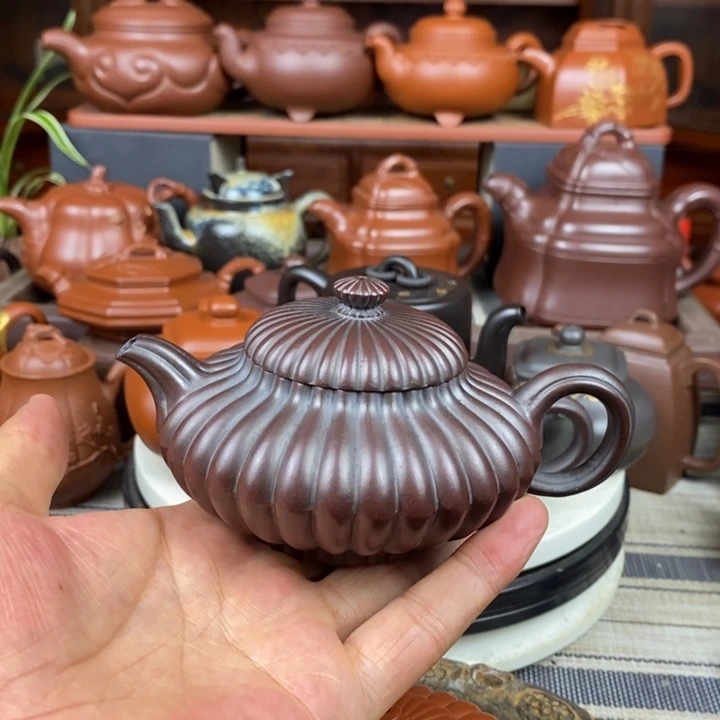 茶壶紫砂筋纹合欢200 CC原矿老紫泥还原烧