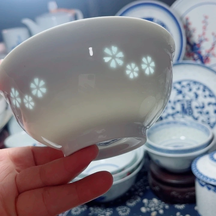 青花玲珑5寸饭碗三星花素玲珑