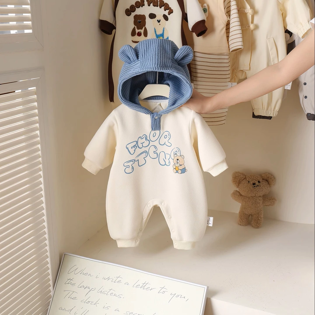 男宝宝春秋外套新生儿卡通衣服小熊连帽外出服婴儿满月百天连体衣