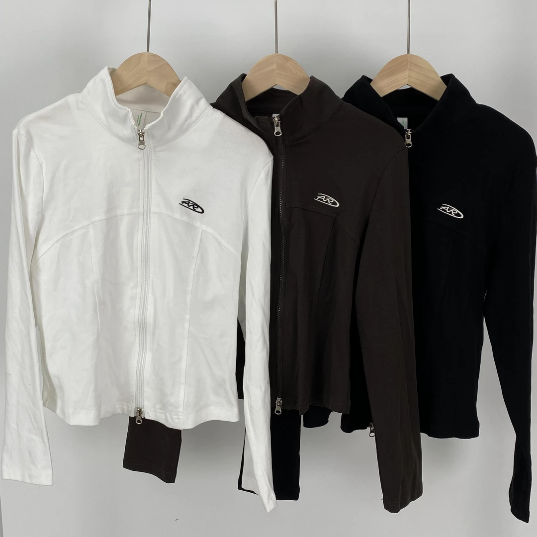 2024秋爆款修身短外套刺绣纯色简约女立领瑜伽运动长袖上衣E-613