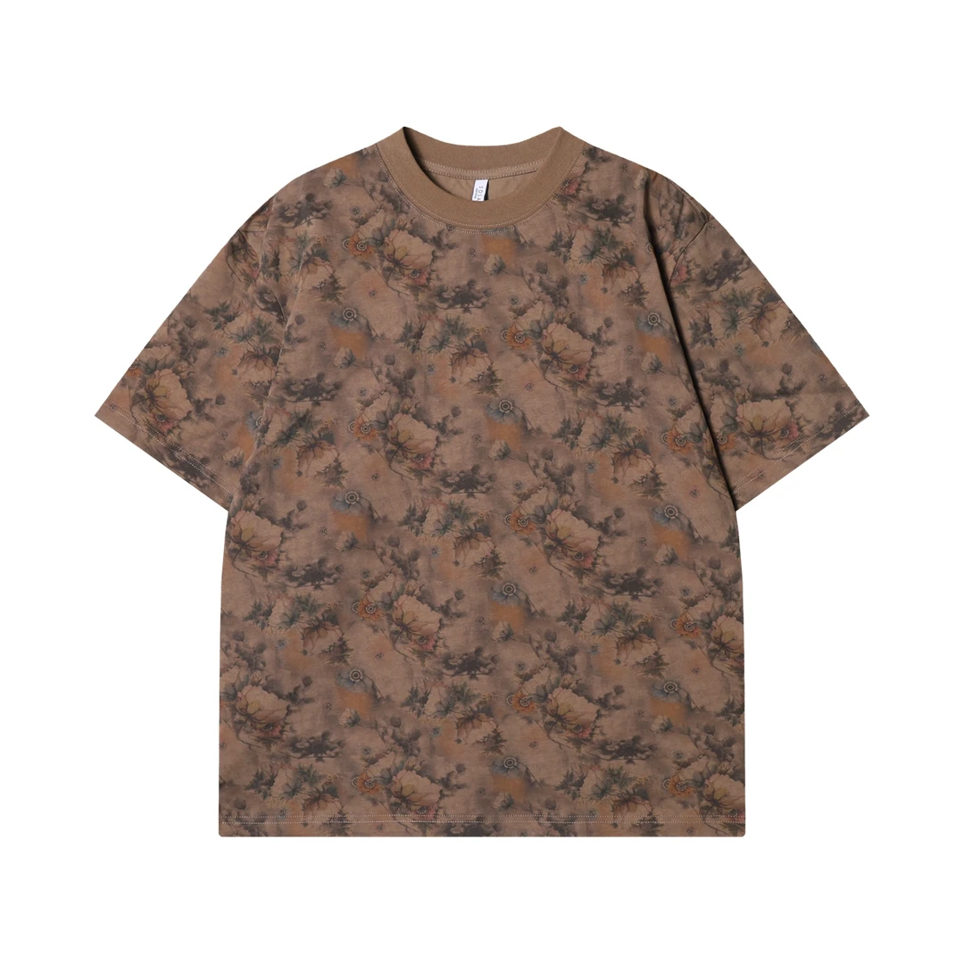 夏季高级感新款美式水墨花卉圆领短袖T恤晕染复古重磅套头上衣