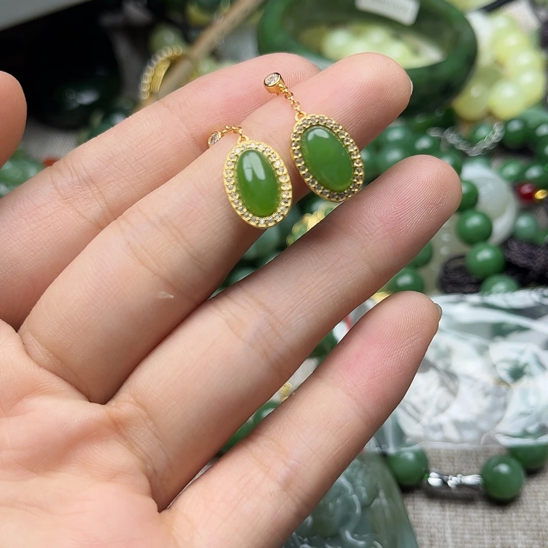 和田玉（碧玉）银S925镶嵌耳饰