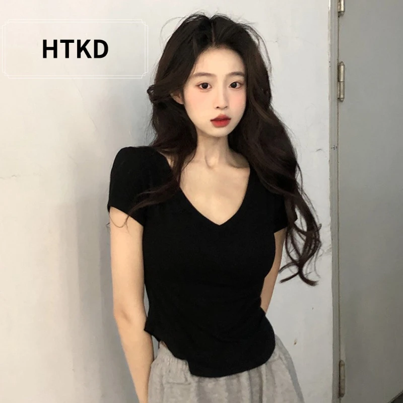 HTKD正肩修身上衣微胖别致设计感新款遮肚显瘦百搭辣妹风T恤洋
