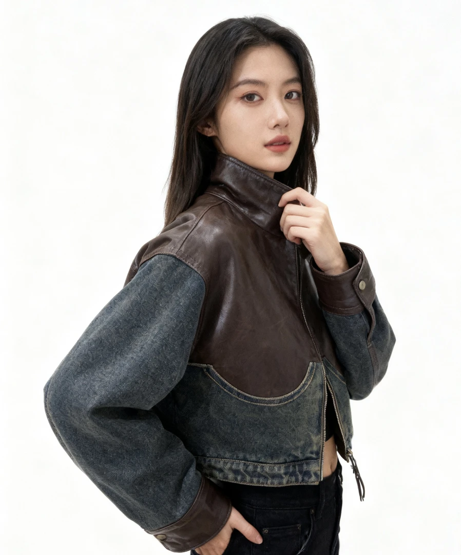 154绵羊皮时尚百搭落肩袖立领撞色拼接牛仔网红复古秋季休闲