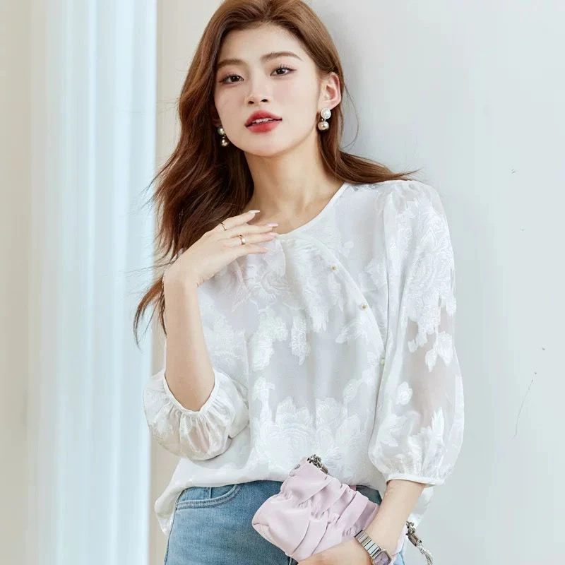 【七分袖小衫】中式国风圆领立体浮雕花T恤上衣时尚百搭打底小衫女