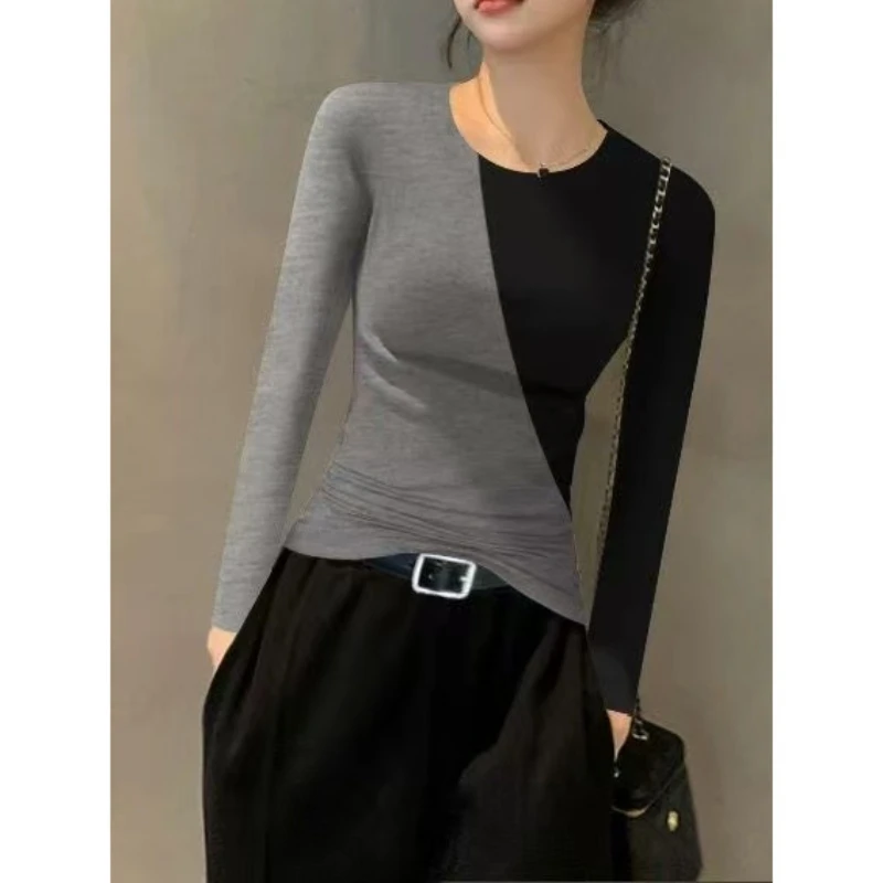 气质范满满的！自留，！秋季黑色拼接长袖打底衫女内搭针织修身上衣