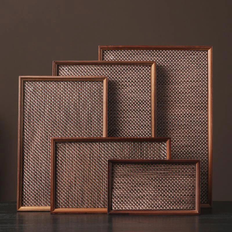 中式竹藤编纹托盘酒店质复古全竹多用途托盘美式长方形家用餐盘