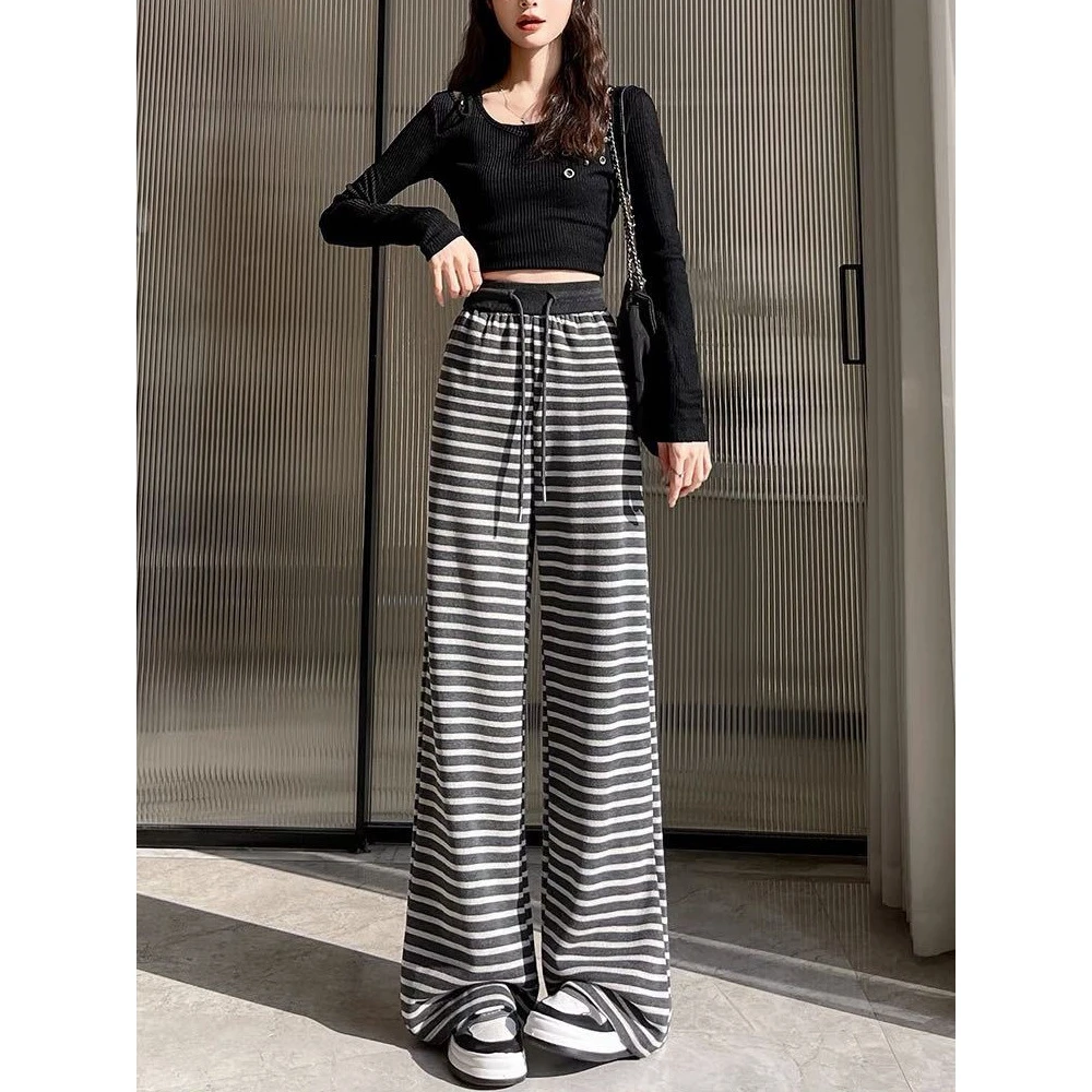 宽松慵懒低腰牛仔裤休闲夏季百搭日常棋盘格条纹裤运动通勤拖地裤