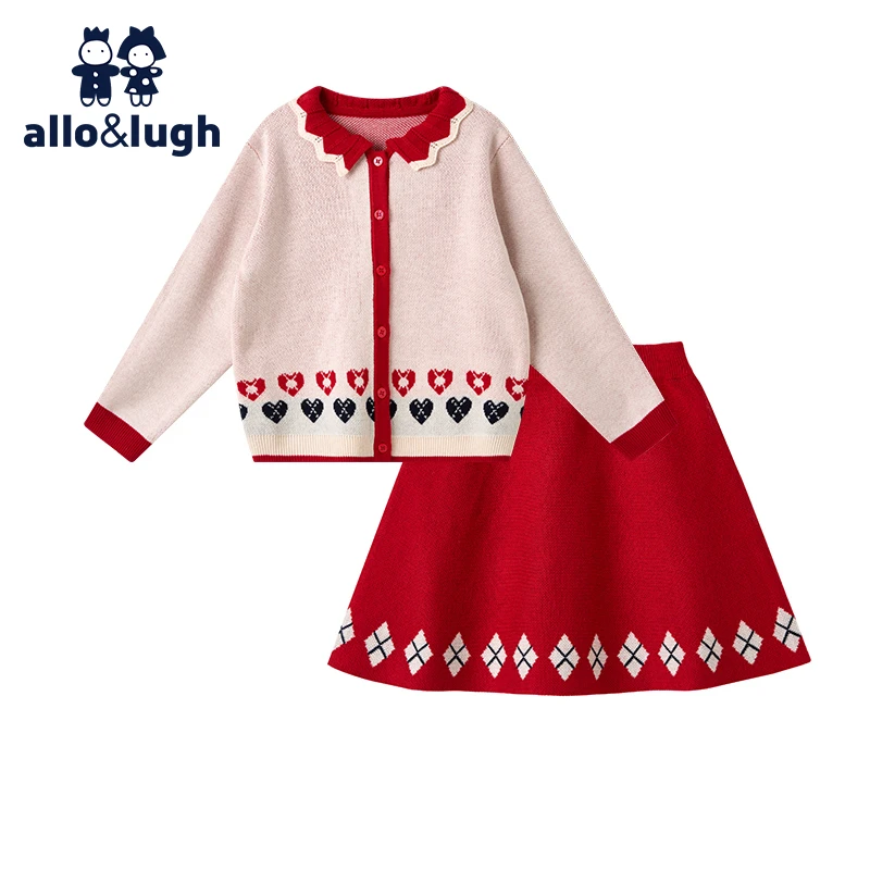 阿路和如女童套装女宝宝甜美软糯红花边领毛衣裙子二件套