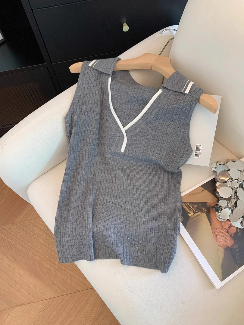 灰色Polo领无袖针织衫女夏季高级感休闲百搭显瘦时尚韩版背心