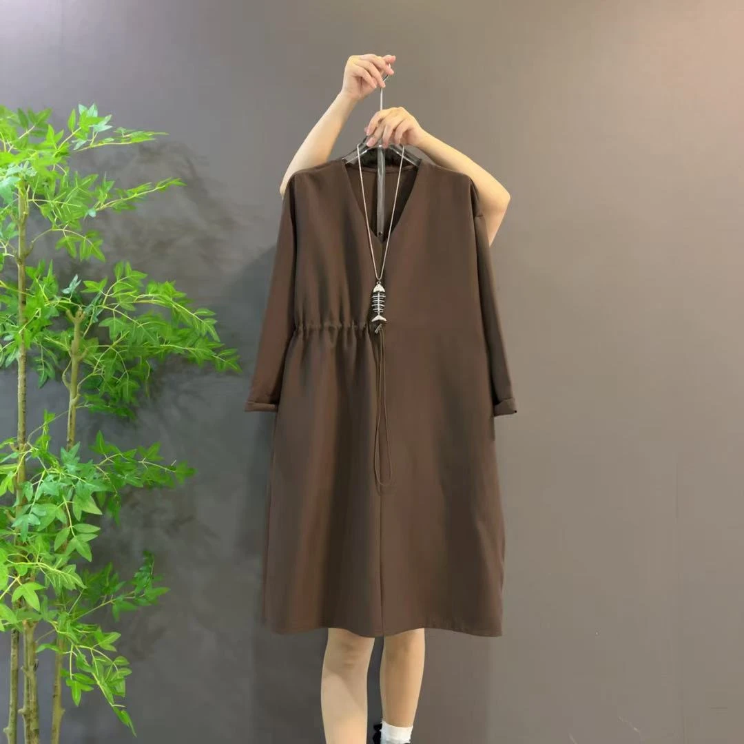 5531韩版秋冬气质抽绳收腰中长款连衣裙洋气宽松显瘦时尚大码