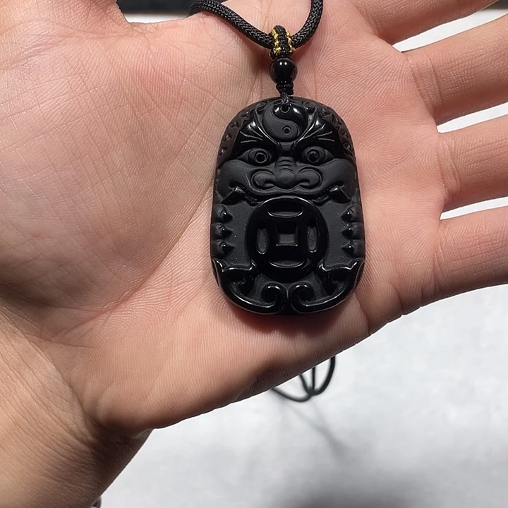 黑曜岩合金颈饰黑曜石貔貅牌