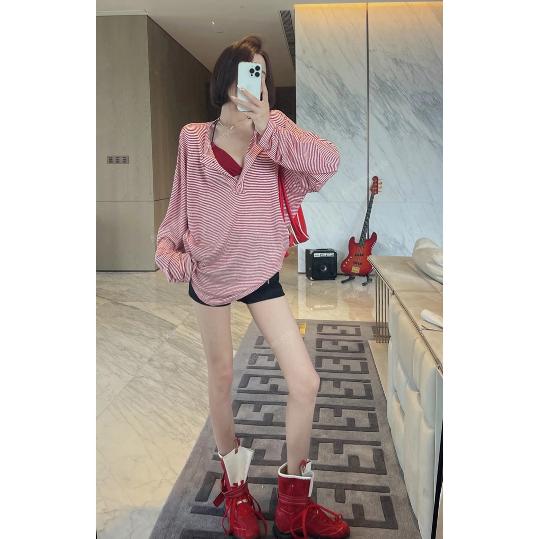 【Ayobe】野树莓·复古港风轻薄圆领经典条纹长袖T夏季套头防晒长衫