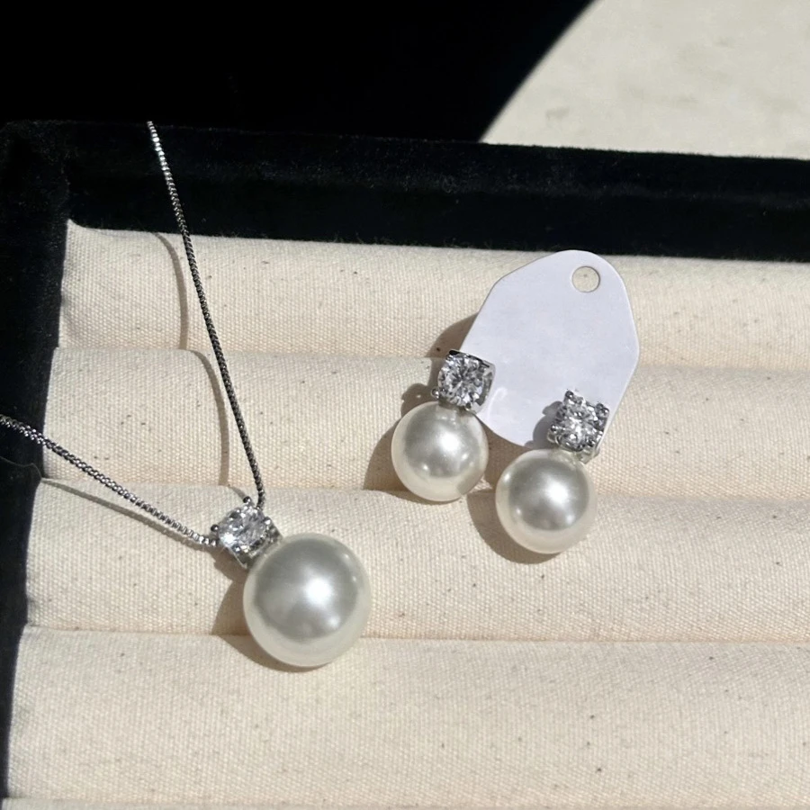 S925银耳钉戴妃淡水珍珠气质耳环吊坠纯银项链气质简约三件套礼物