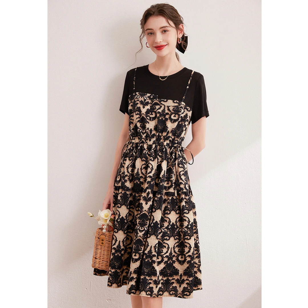 白鹿语夏新款时尚气质复古百搭假两件休闲女装连衣裙YU10693