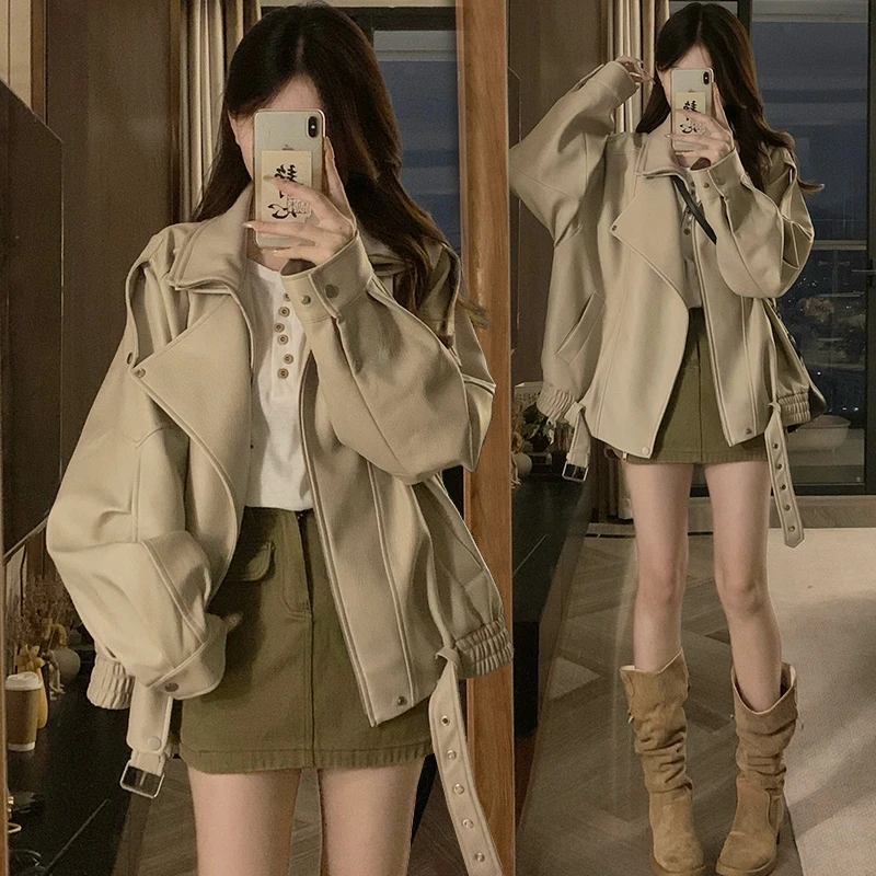 Bei贝贝秋冬复古重工PU皮衣外套女机车服廓形双层领夹克情侣上衣