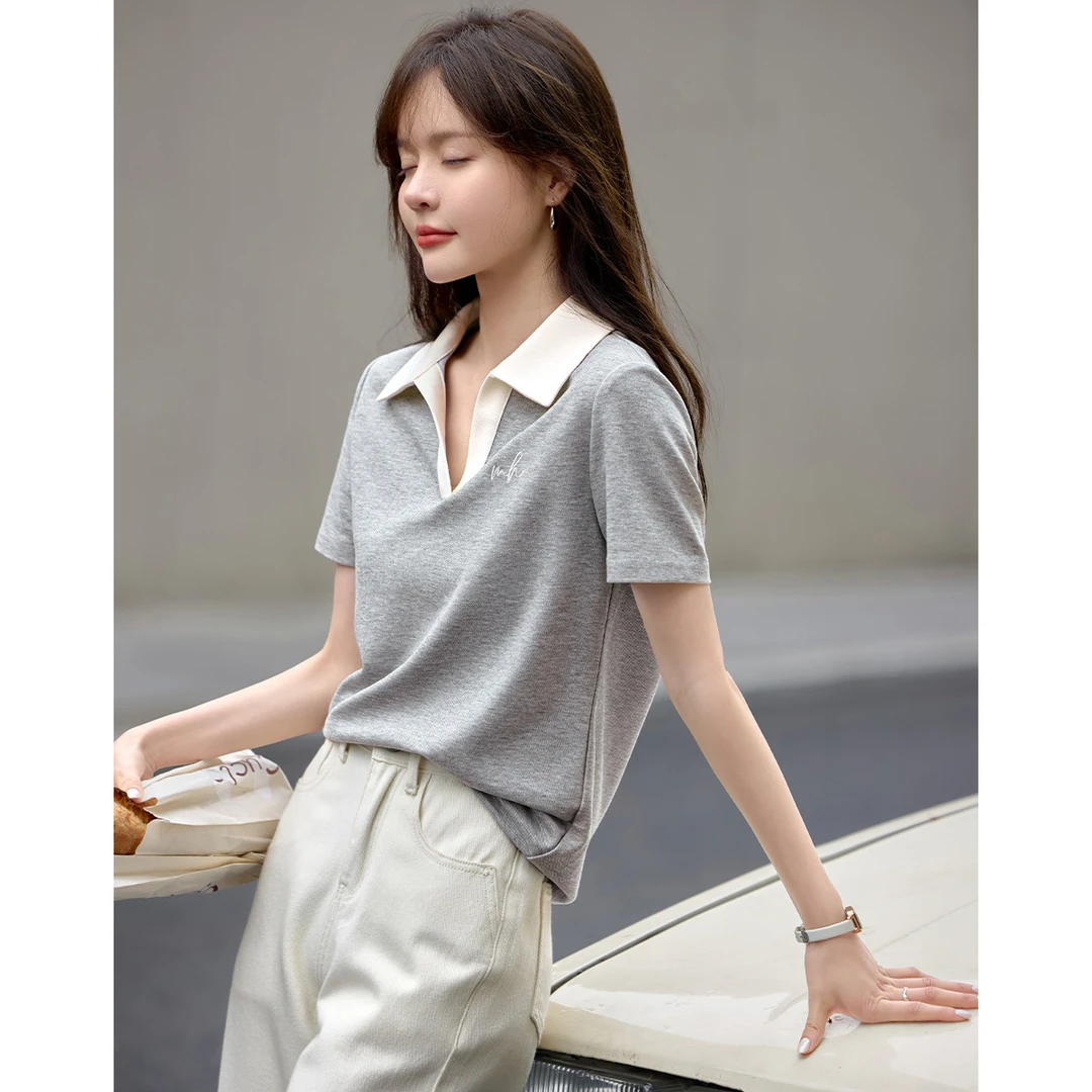 沫晗依美2025夏季新款撞色POLO短袖时尚休闲设计拼接T恤上衣2006