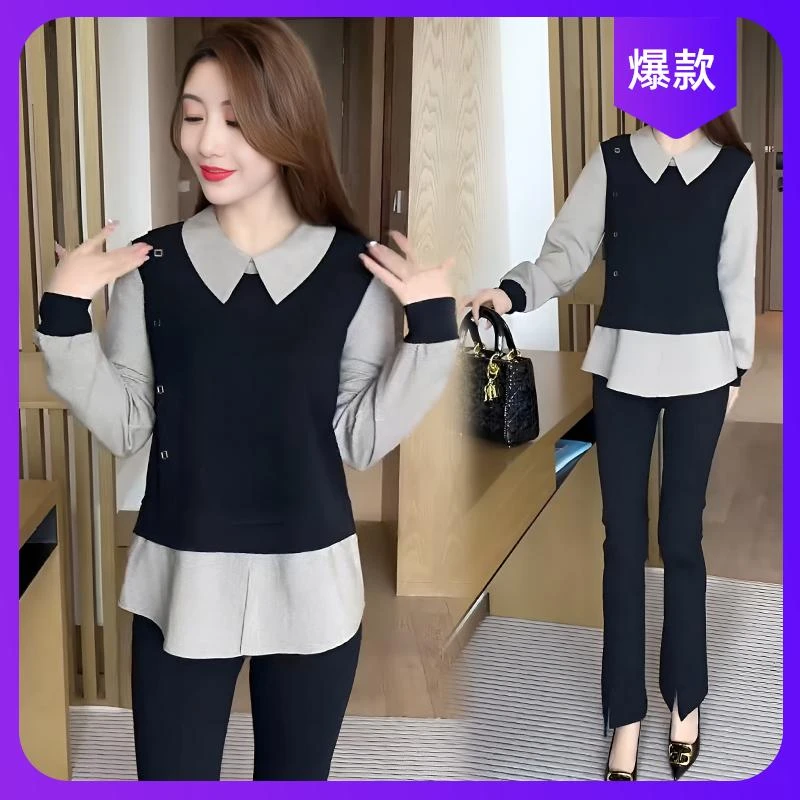 时尚假两件衬衫女装长袖上衣2025春秋新款休闲宽松衬衣洋气打底衫