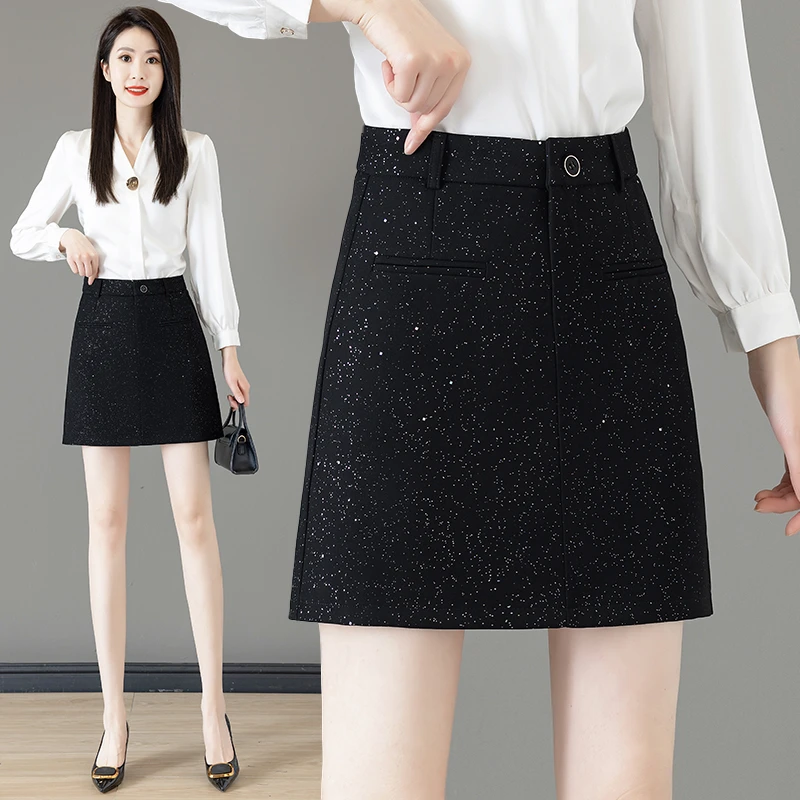 亮片西装半身裙女2025春季新款高腰百搭包臀裙显瘦时尚A字裙短裙