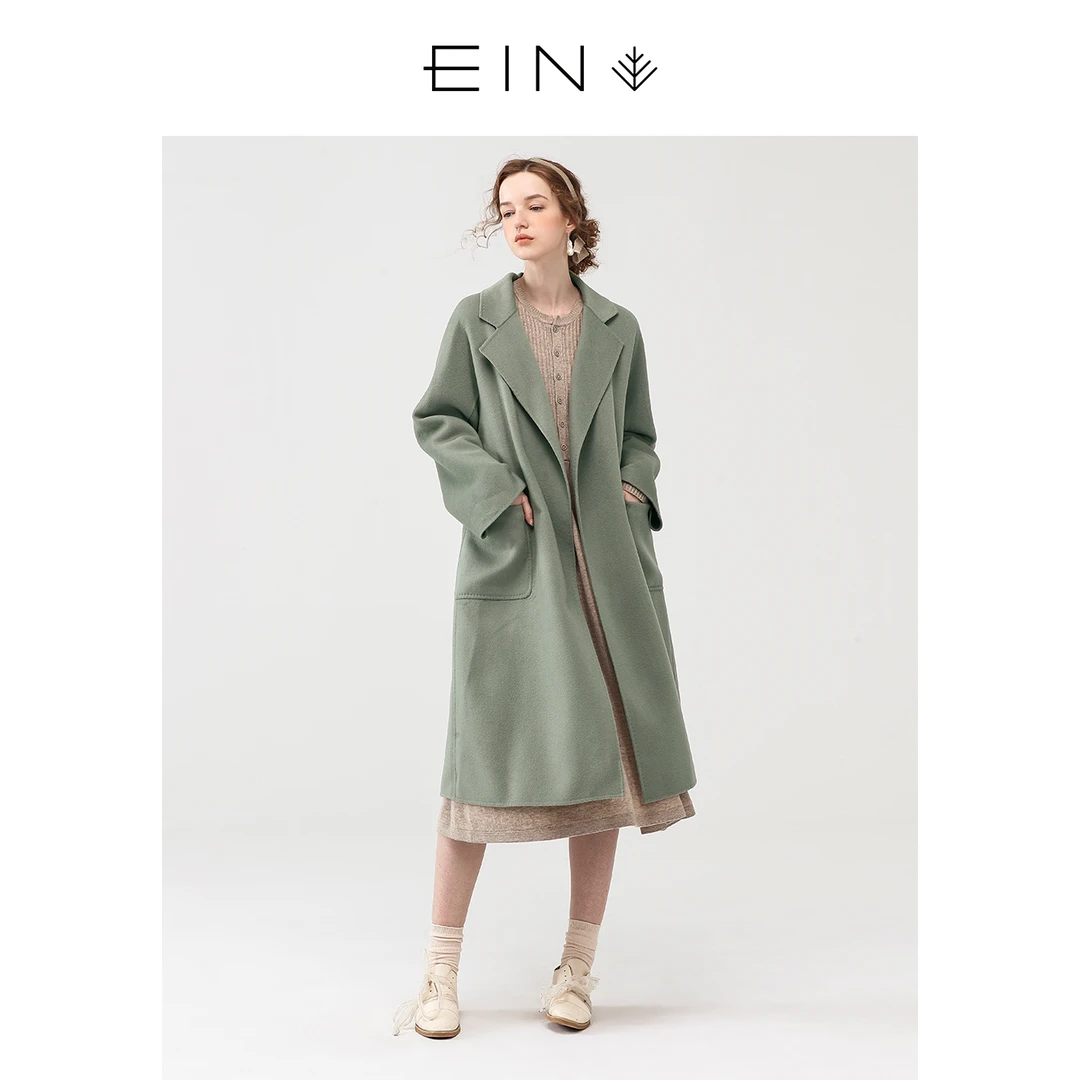文艺羊毛混纺纯色双口袋中长款双面呢大衣外套女秋冬款