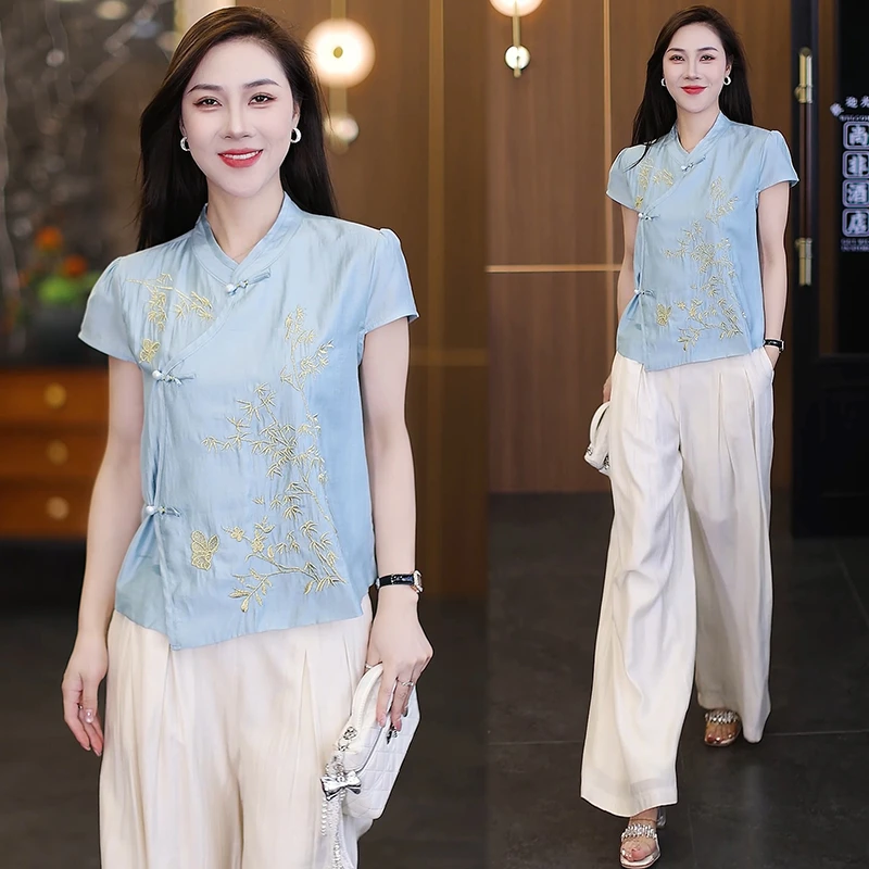 新中式国风套装女2025夏季新款时尚洋气盘扣衬衫阔腿裤气质两件套