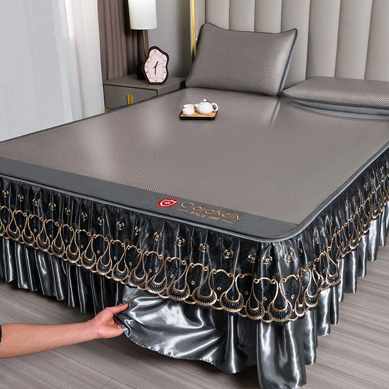 夏季冰丝藤席凉席套件欧式蕾丝边可拆卸床裙款冰藤空调软席三件套