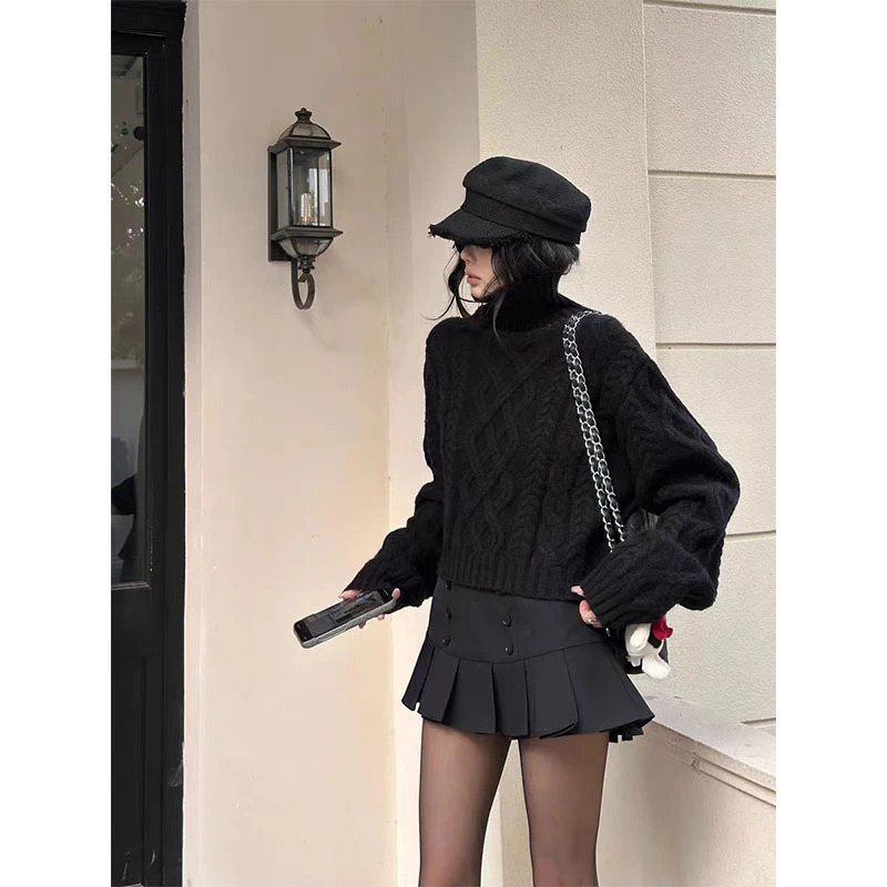 2025秋冬新款ins气质简约百搭基础款高领麻花毛衣+高腰双排扣短裙