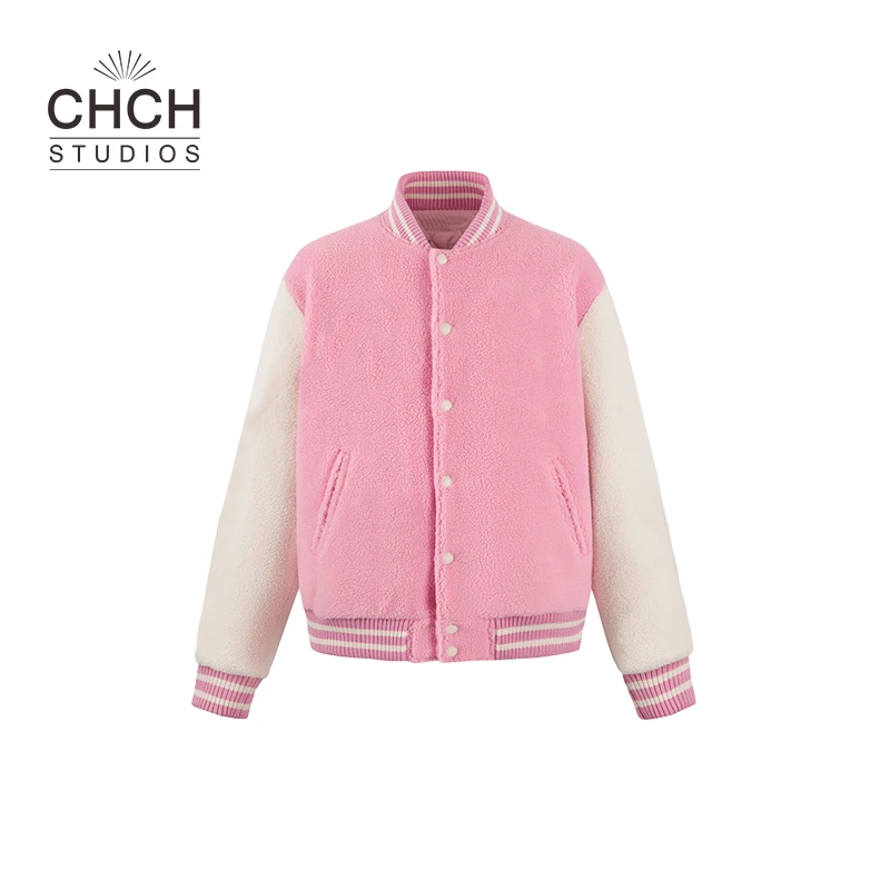 RAQWT12426仿羊羔毛棒球服加厚拼色小熊彩虹刺绣外套女