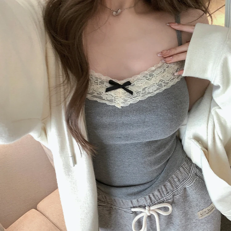 蝴蝶结花边小吊带带胸垫内搭修身美背甜辣妹无袖内外穿打底上衣女