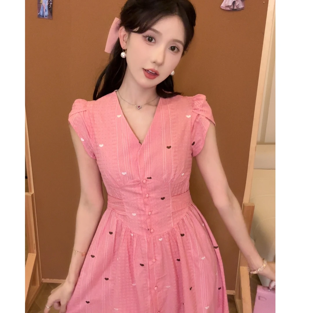 【爱心V领】无袖长裙夏季甜美减龄粉色连衣裙女D0603