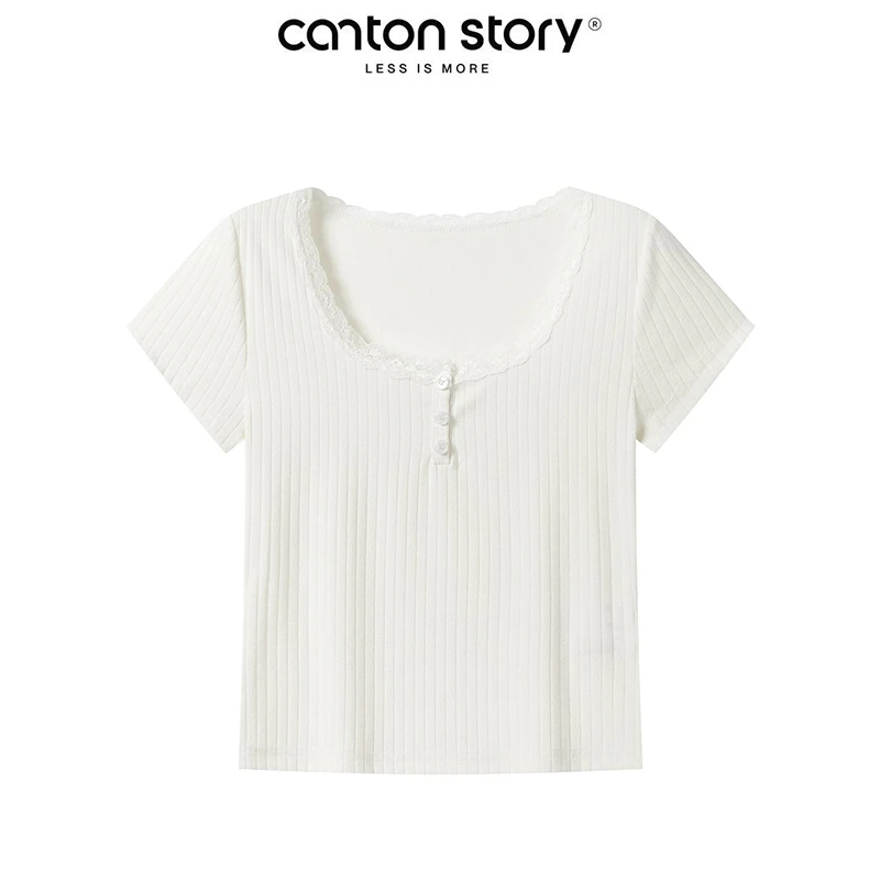 羊城故事 白色镂空花纹蕾丝短袖t恤夏季软糯小众上衣 Y50550342