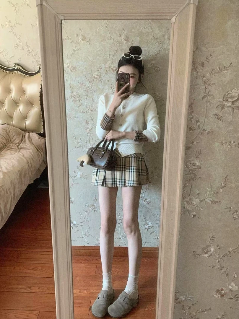 2025春季新款韩系格纹拼接袖口温柔针织衫毛衣格子百搭半身裙套装