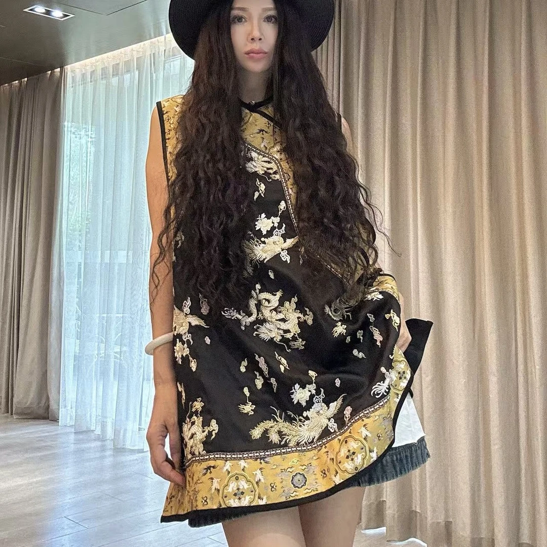 【周周家】撞色四季通用气质重工旗袍裙女刺绣国风上衣