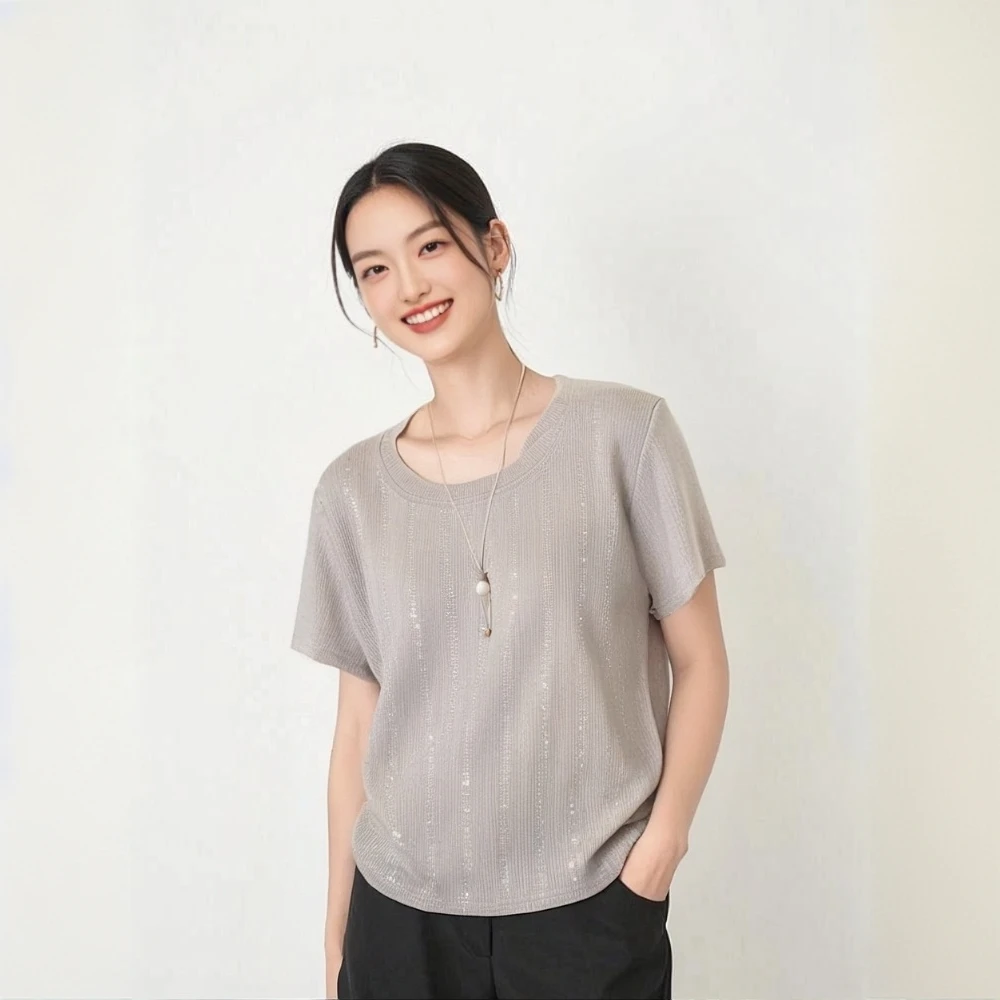 夏季新款灰色重工烫钻设计感圆领T恤独特小众上衣女装C5343