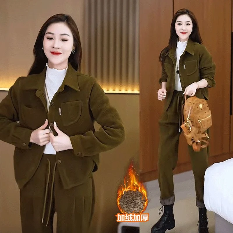 10000件现货加绒加厚复古时尚灯芯绒套装女秋冬新款大码洋气休闲