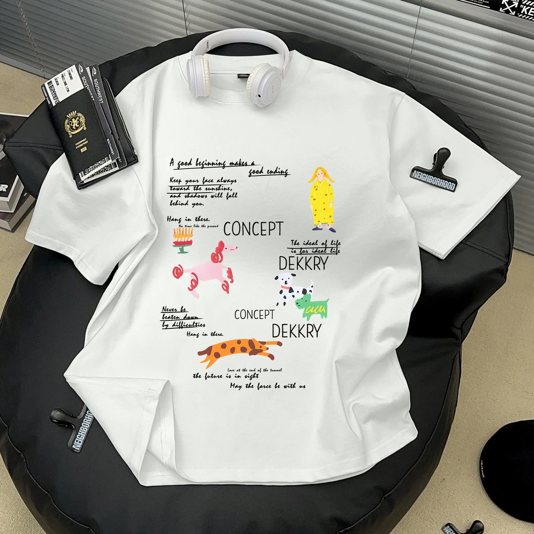 Dekkry夏季100%纯棉多巴胺涂鸦动物设计T恤百搭宽松圆领男女短袖