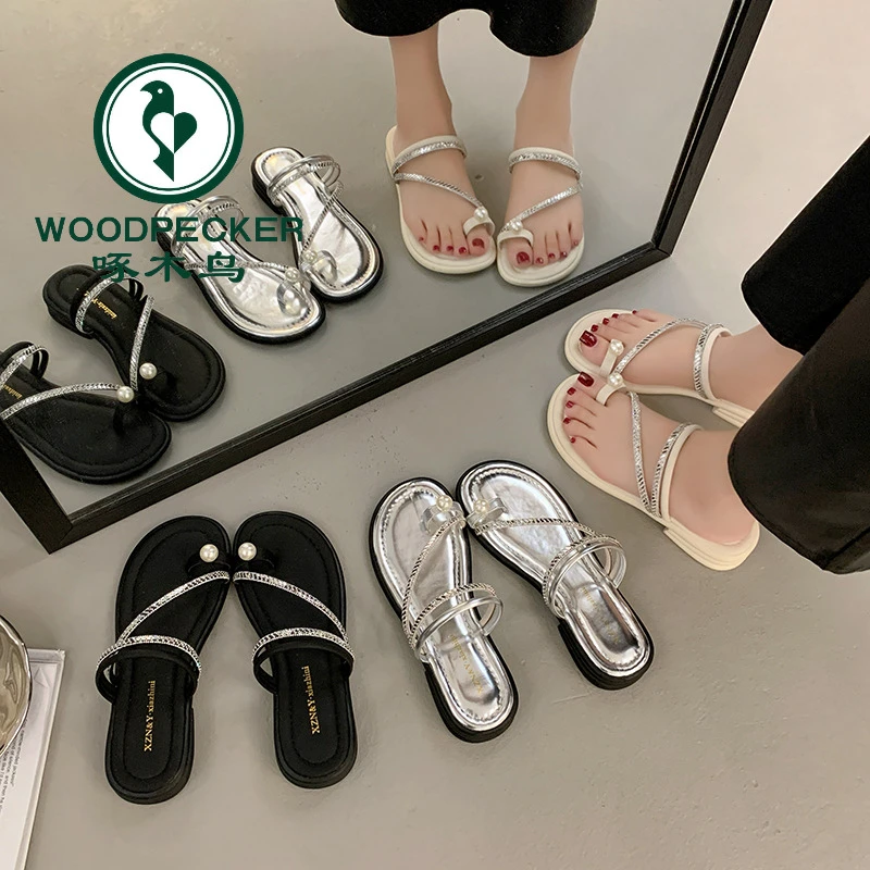 啄木鸟仙女风水钻凉拖鞋女外穿2025春夏新款平底休闲时尚沙滩鞋女