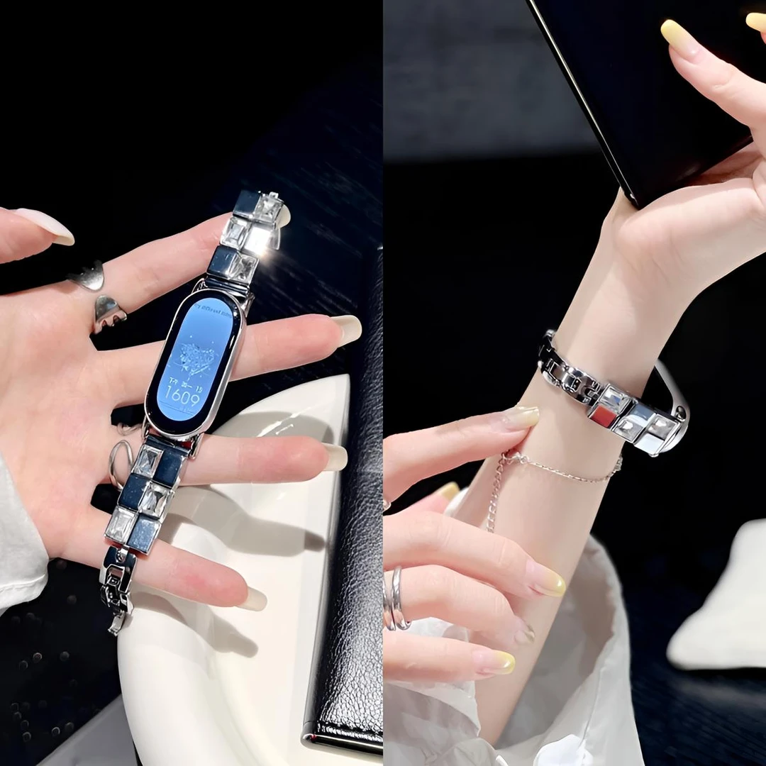 适用小米手环10表带冰块锆石链式9/8表带小米7NFC金属表带女ins风