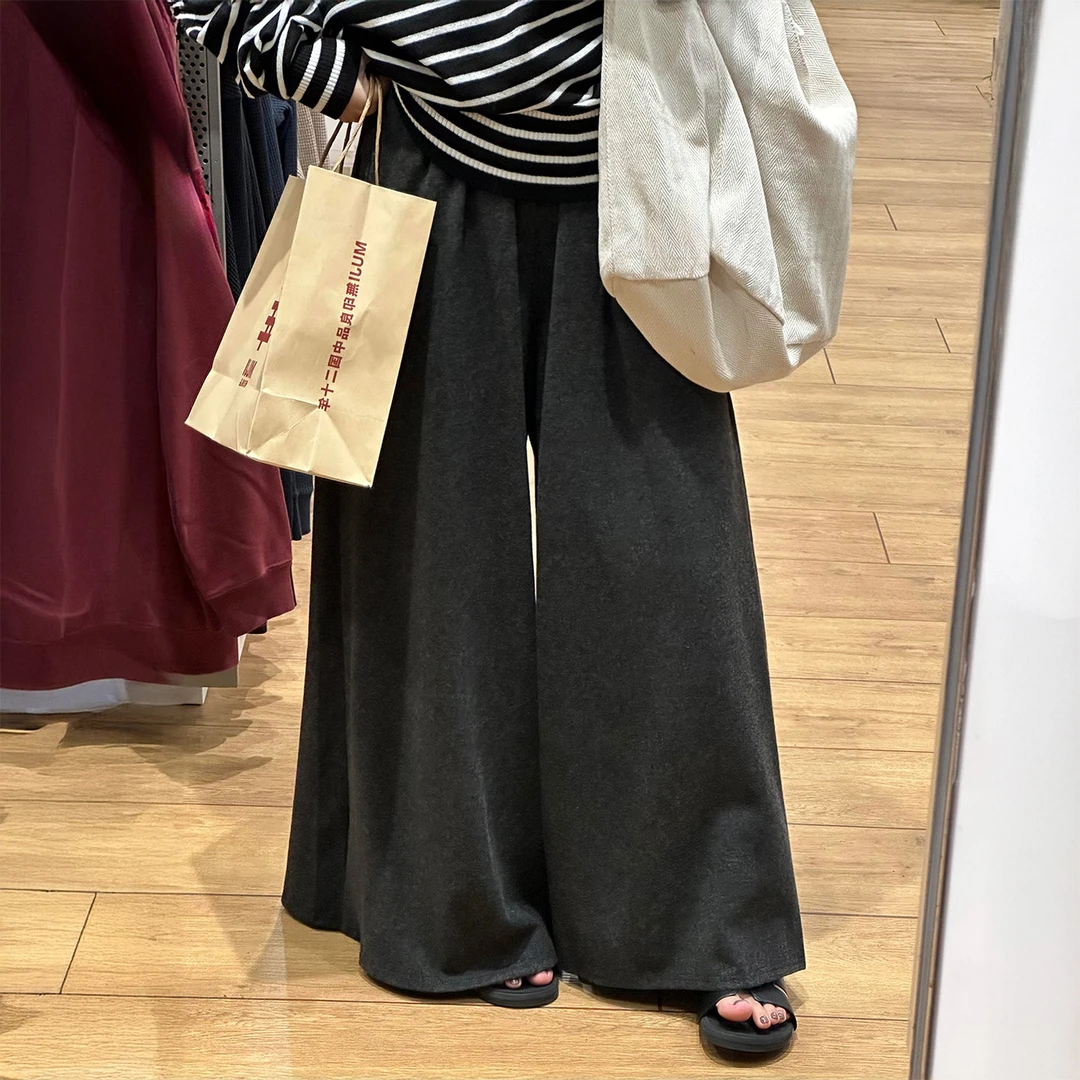 深灰色慵懒阔腿裙裤女秋季新款胖妹妹mm宽松显瘦梨形身材休闲裤子