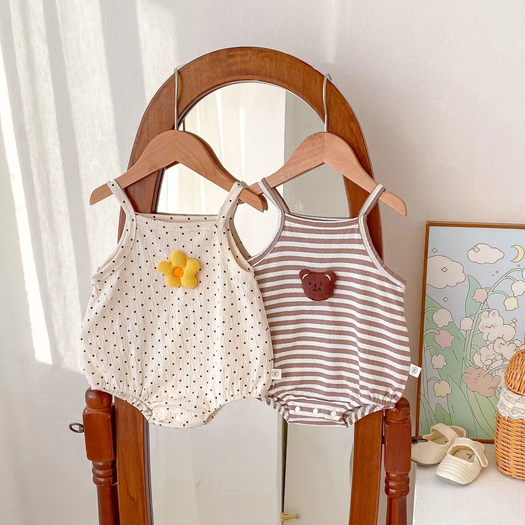 ins韩版婴儿宝宝夏季小吊带洋气时髦儿童条纹原点卡通哈衣爬爬服