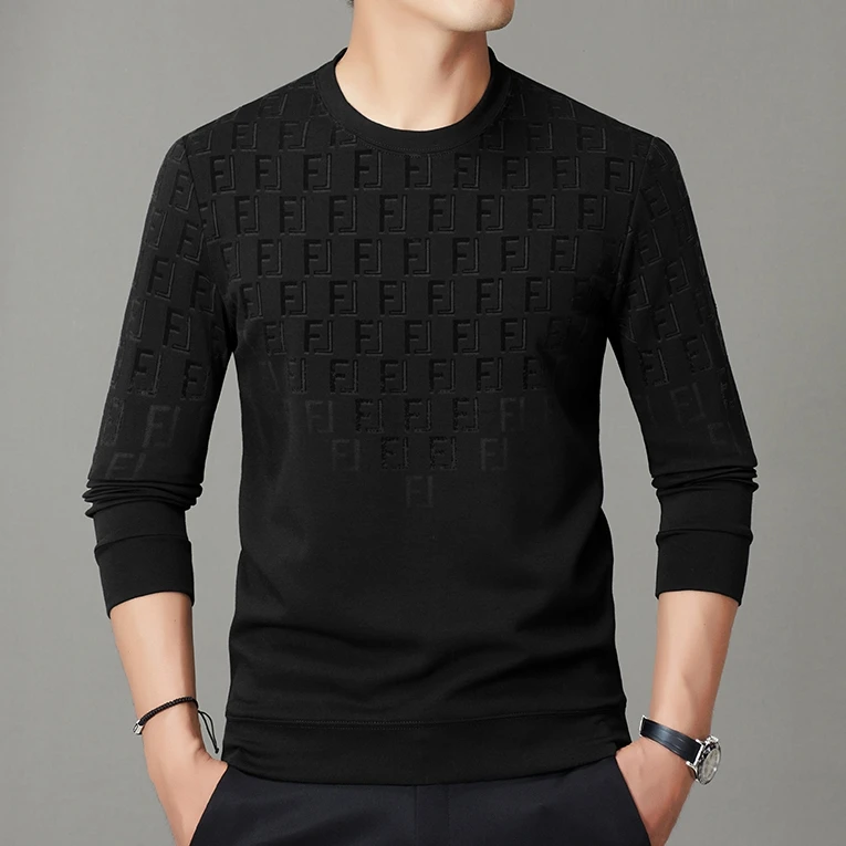 植绒圆领中年男士春秋季新款宽松圆领卫衣时尚潮流套头百搭打底衫