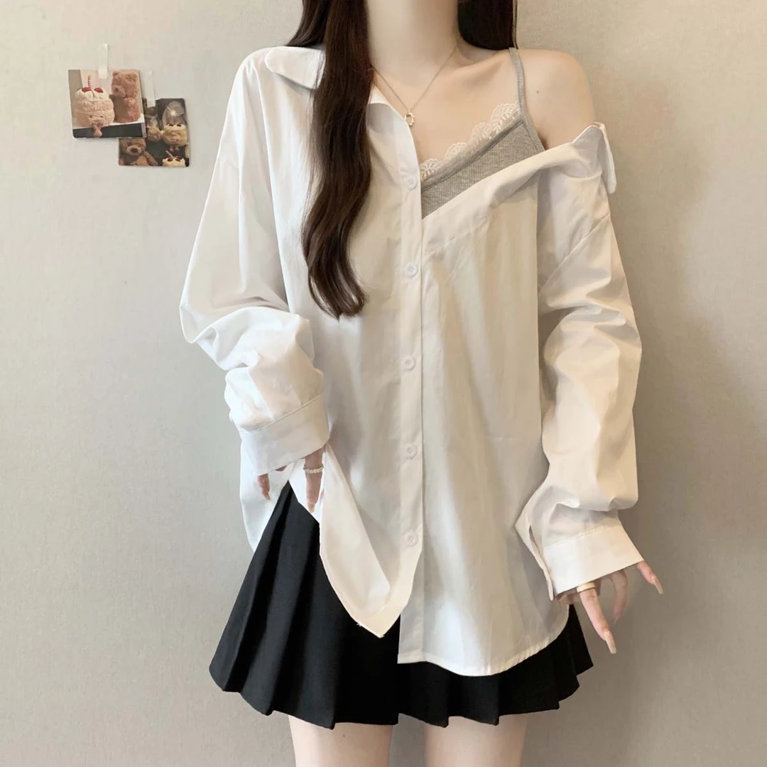 大码女装遮肚子露肩假两件拼接衬衫女春秋胖妹妹宽松显瘦长袖上衣