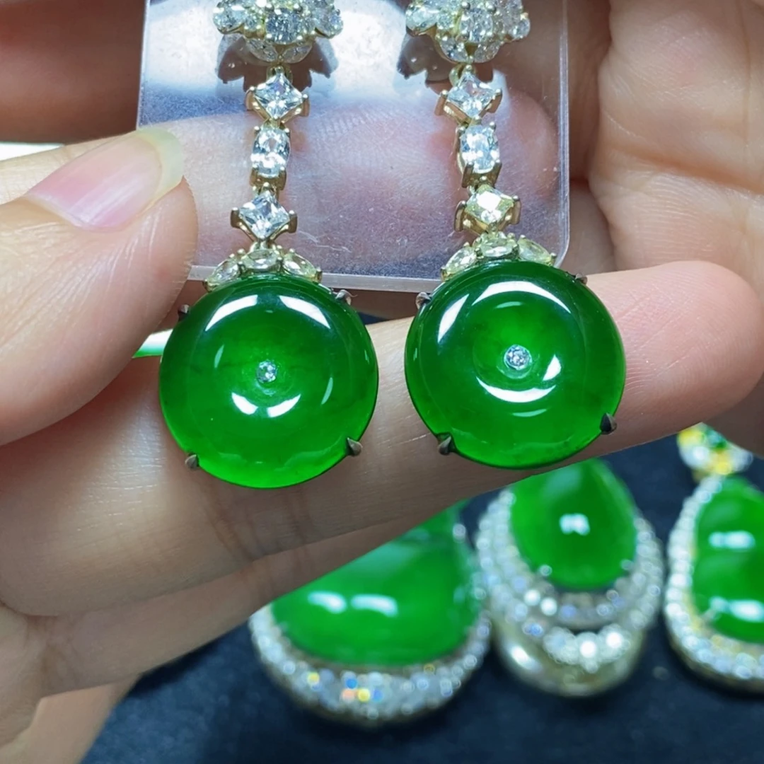 翡翠银S925镶嵌耳饰天然翡翠