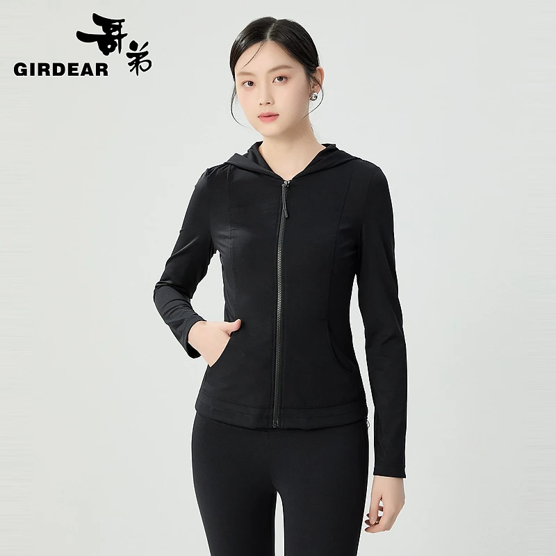 哥弟秋季新款舒适高弹磨毛瑜伽面料拉链款带帽卫衣外套女1400810