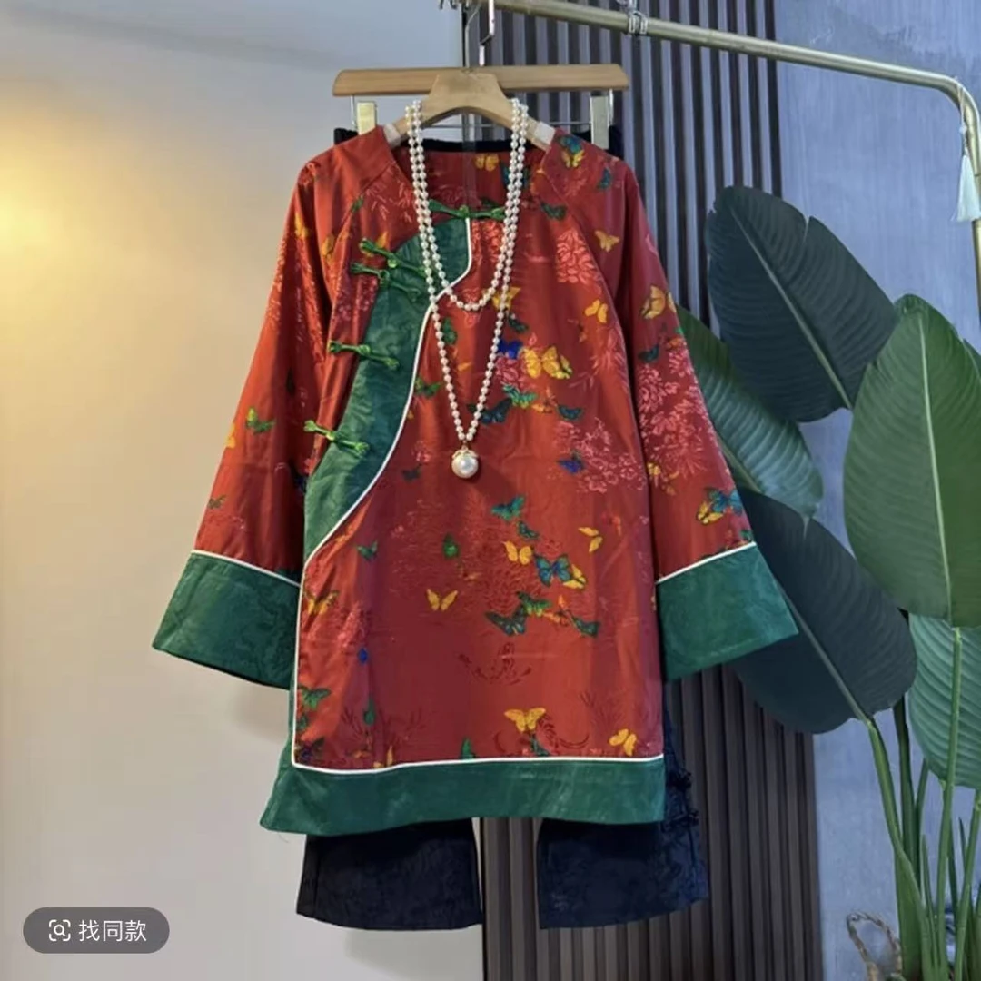 新中式大码女装秋季新款国潮风蝴蝶锦缎提花斜襟盘扣衬衫上衣6779